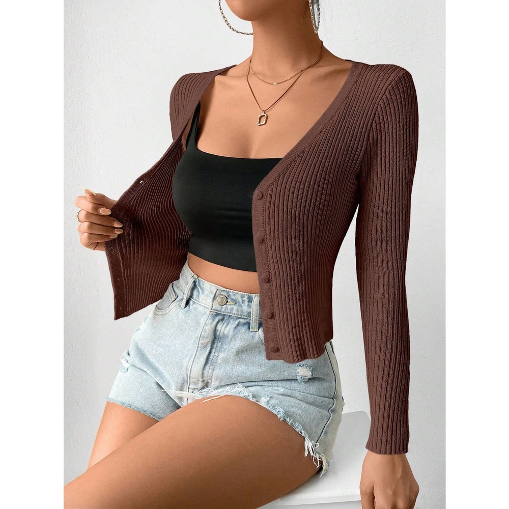 minimalist Ribbed Knit Button down Cropped Cardigan sweater black - Picture 8 of 11